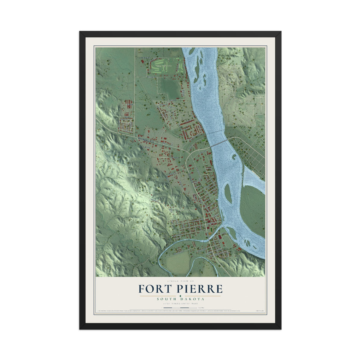 Map of Fort Pierre, South Dakota, 12 x 18 inch print in a black wood frame