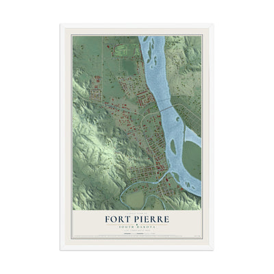 Map of Fort Pierre, South Dakota, 12 x 18 inch print in a white wood frame