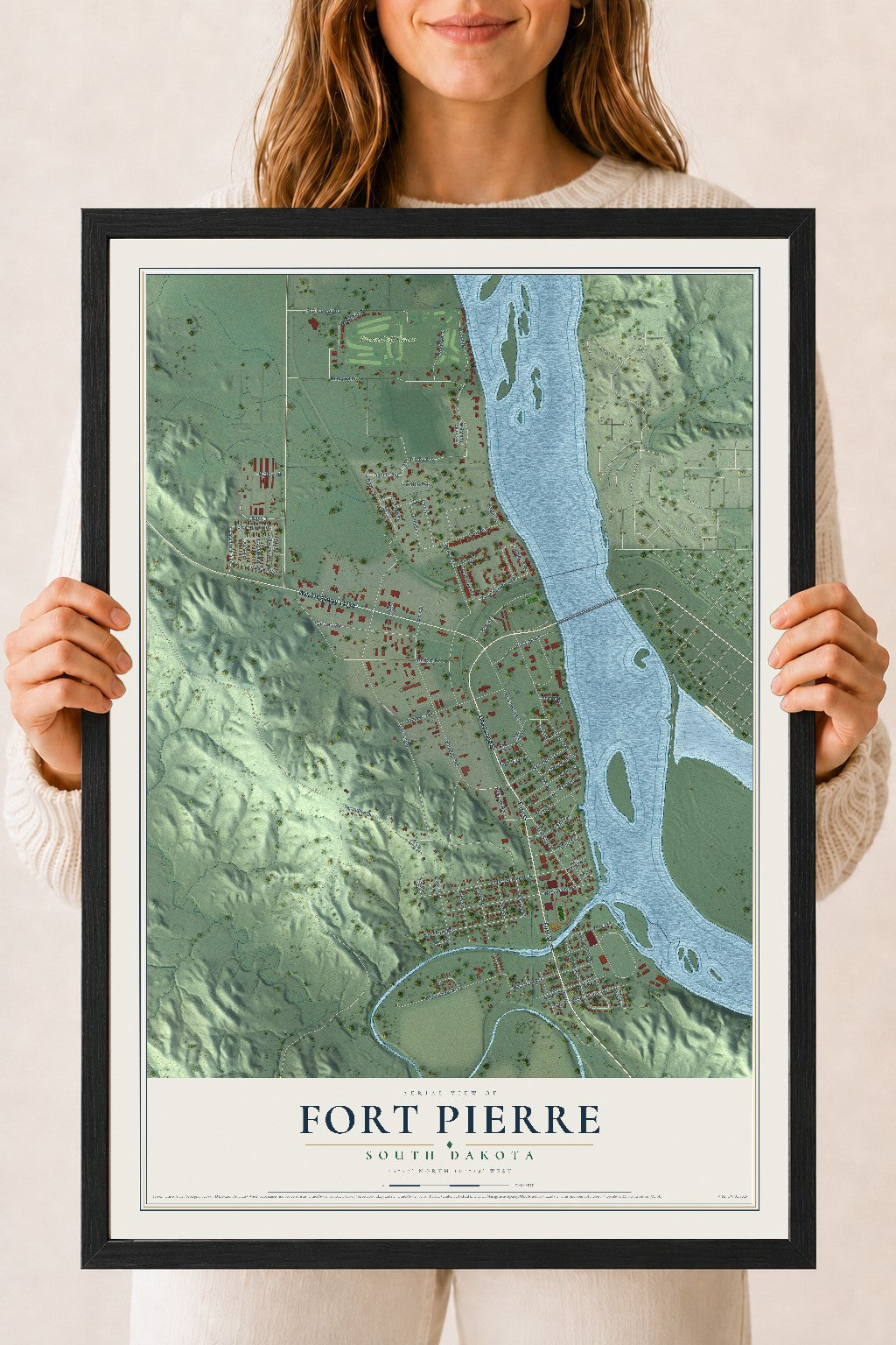 Map of Fort Pierre, South Dakota, 18 x 24 inch print in a black wood frame