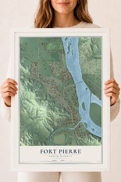 Map of Fort Pierre, South Dakota, 18 x 24 inch print in a white wood frame