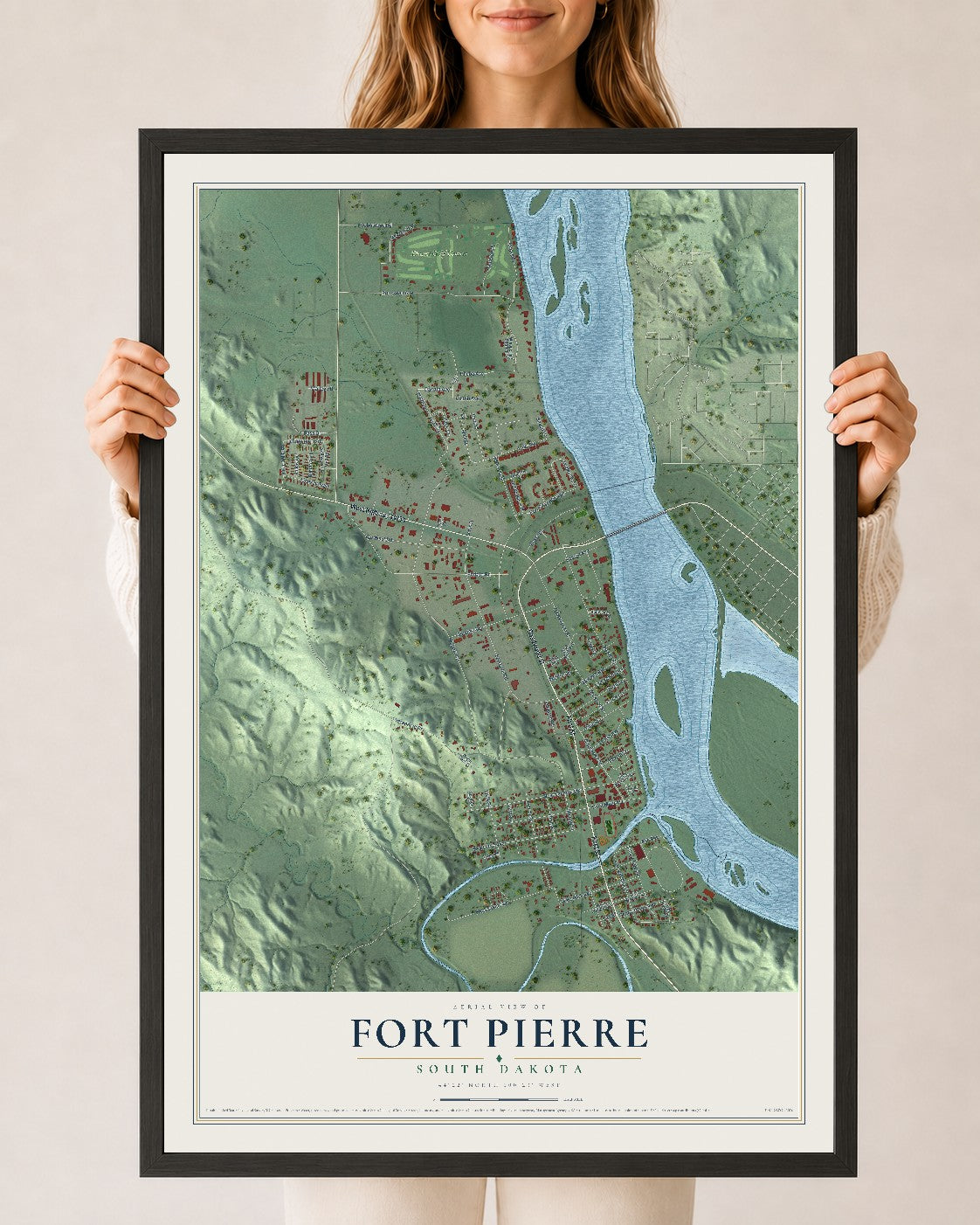 Map of Fort Pierre, South Dakota, 24 x 36 inch print in a black wood frame