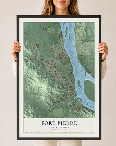 Map of Fort Pierre, South Dakota, 24 x 36 inch print in a black wood frame