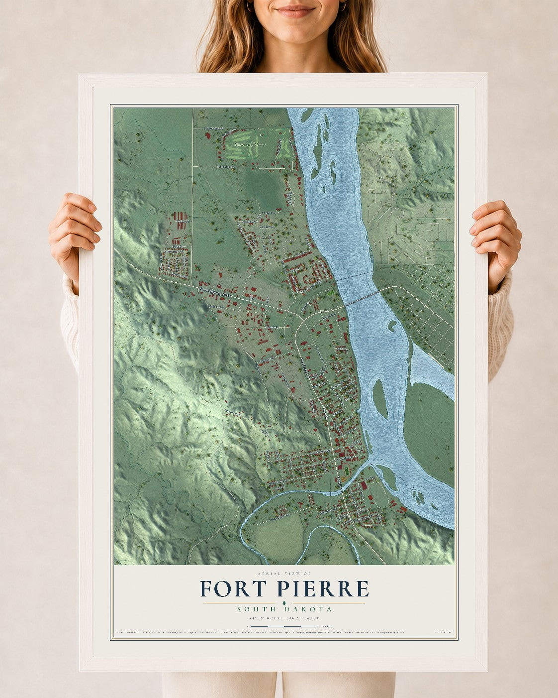 Map of Fort Pierre, South Dakota, 24 x 36 inch print in a white wood frame