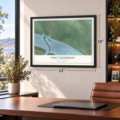 Fort Thompson, South Dakota map, 18 x 24 inch print in a black frame in a home office