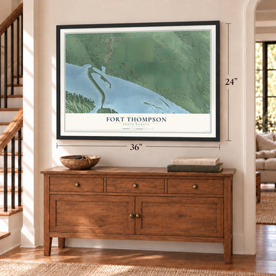 Fort Thompson, South Dakota map, 24 x 36 inch print in a black frame above a dresser by a staircase