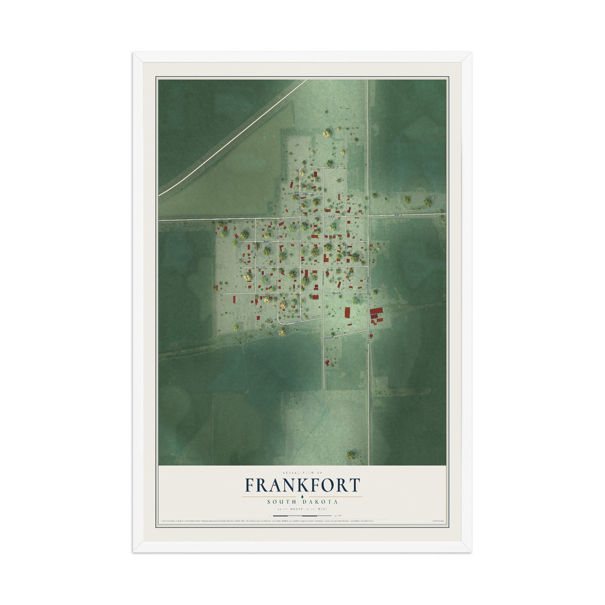 Map of Frankfort, South Dakota, 12 x 18 inch print in a white wood frame