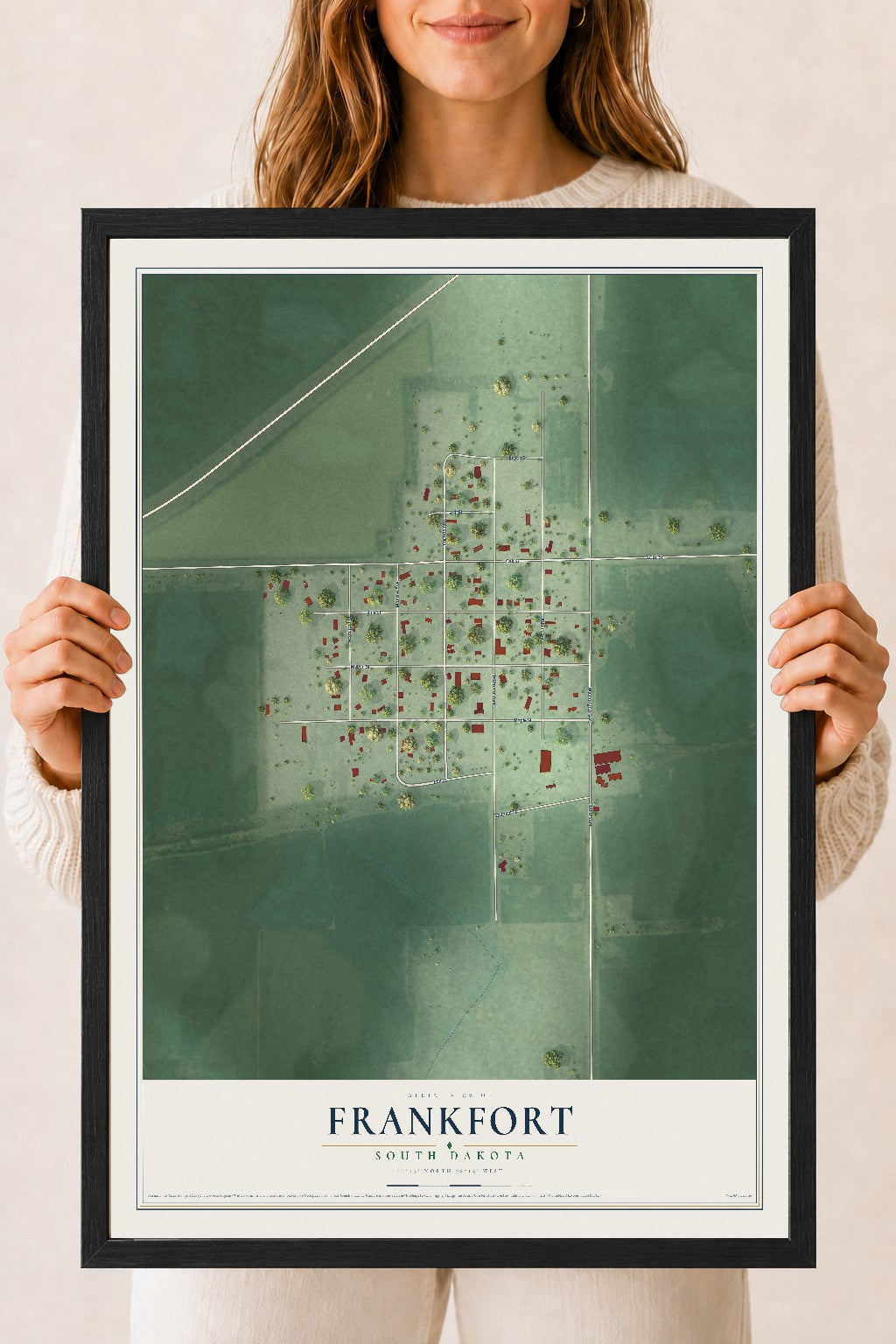 Map of Frankfort, South Dakota, 18 x 24 inch print in a black wood frame
