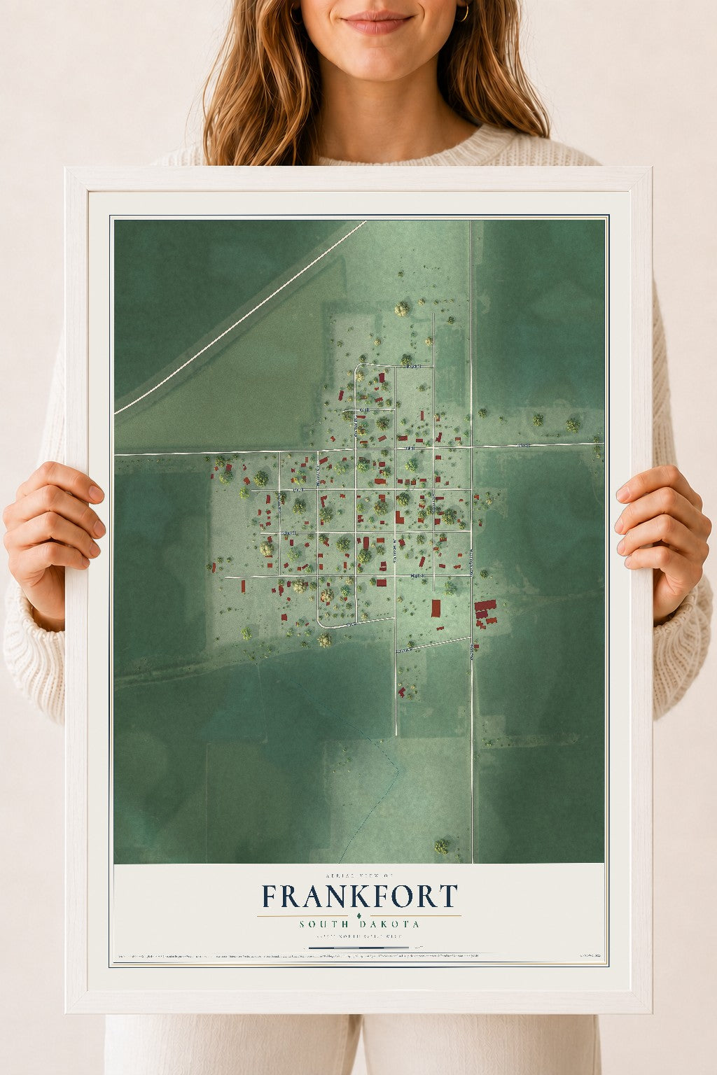 Map of Frankfort, South Dakota, 18 x 24 inch print in a white wood frame