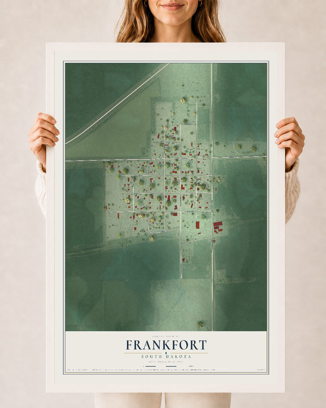 Map of Frankfort, South Dakota, 24 x 36 inch print in a white wood frame