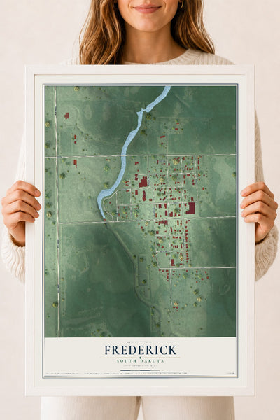 Map of Frederick, South Dakota, 18 x 24 inch print in a white wood frame