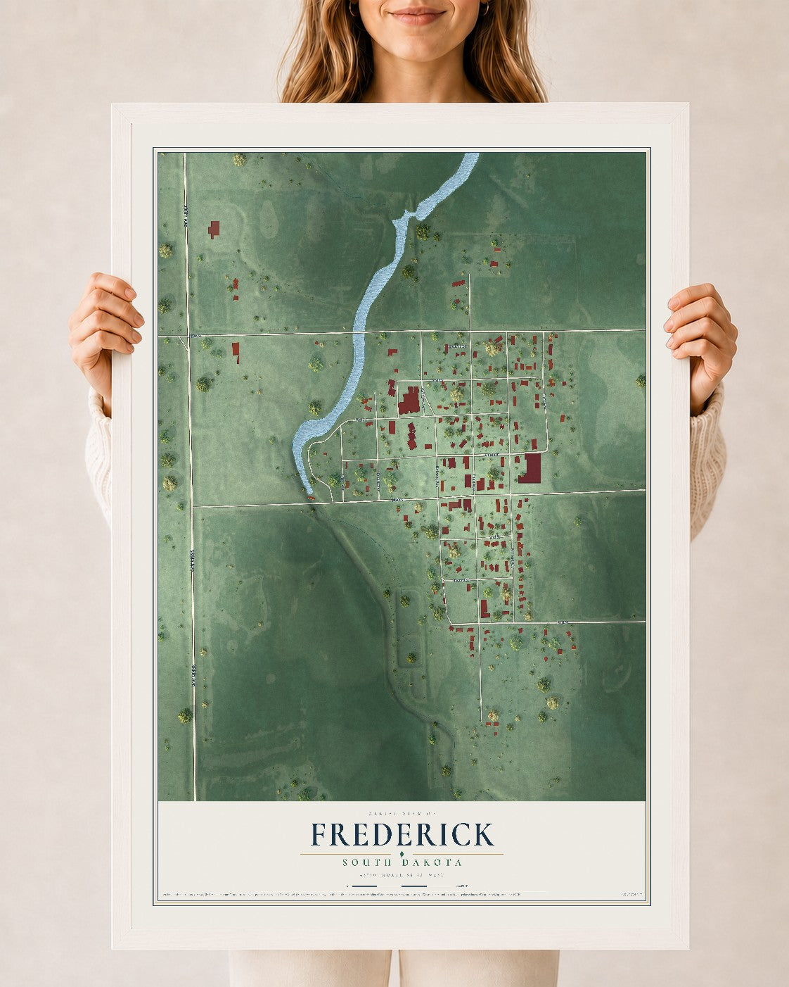 Map of Frederick, South Dakota, 24 x 36 inch print in a white wood frame