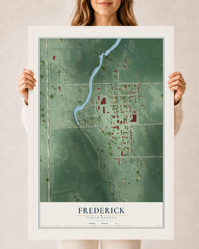 Map of Frederick, South Dakota, 24 x 36 inch print in a white wood frame