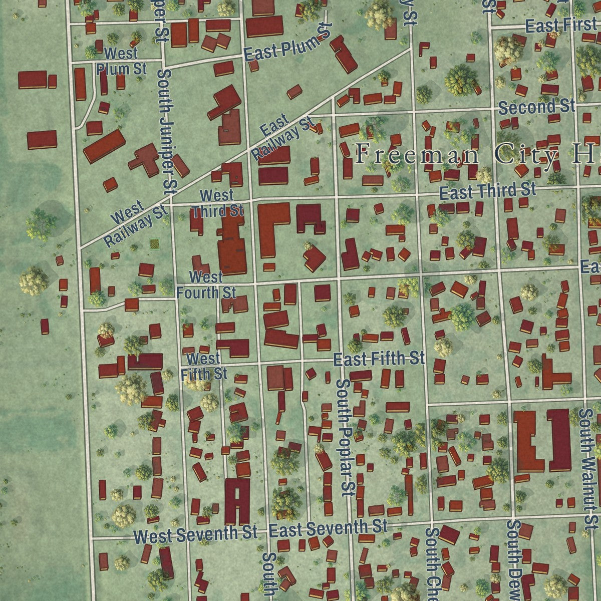 Close-up of the map of Freeman, South Dakota print showing street and building detail