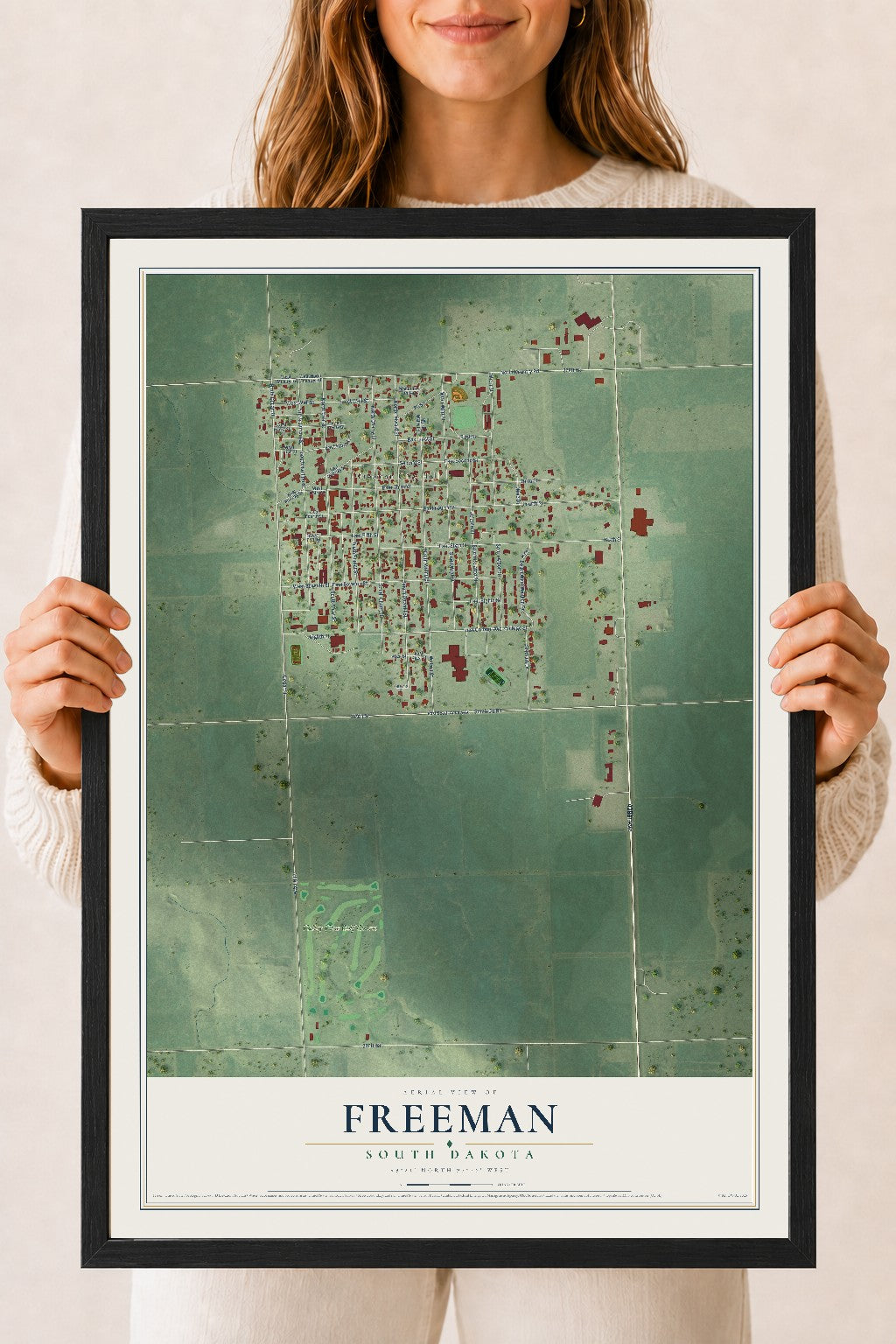 Map of Freeman, South Dakota, 18 x 24 inch print in a black wood frame
