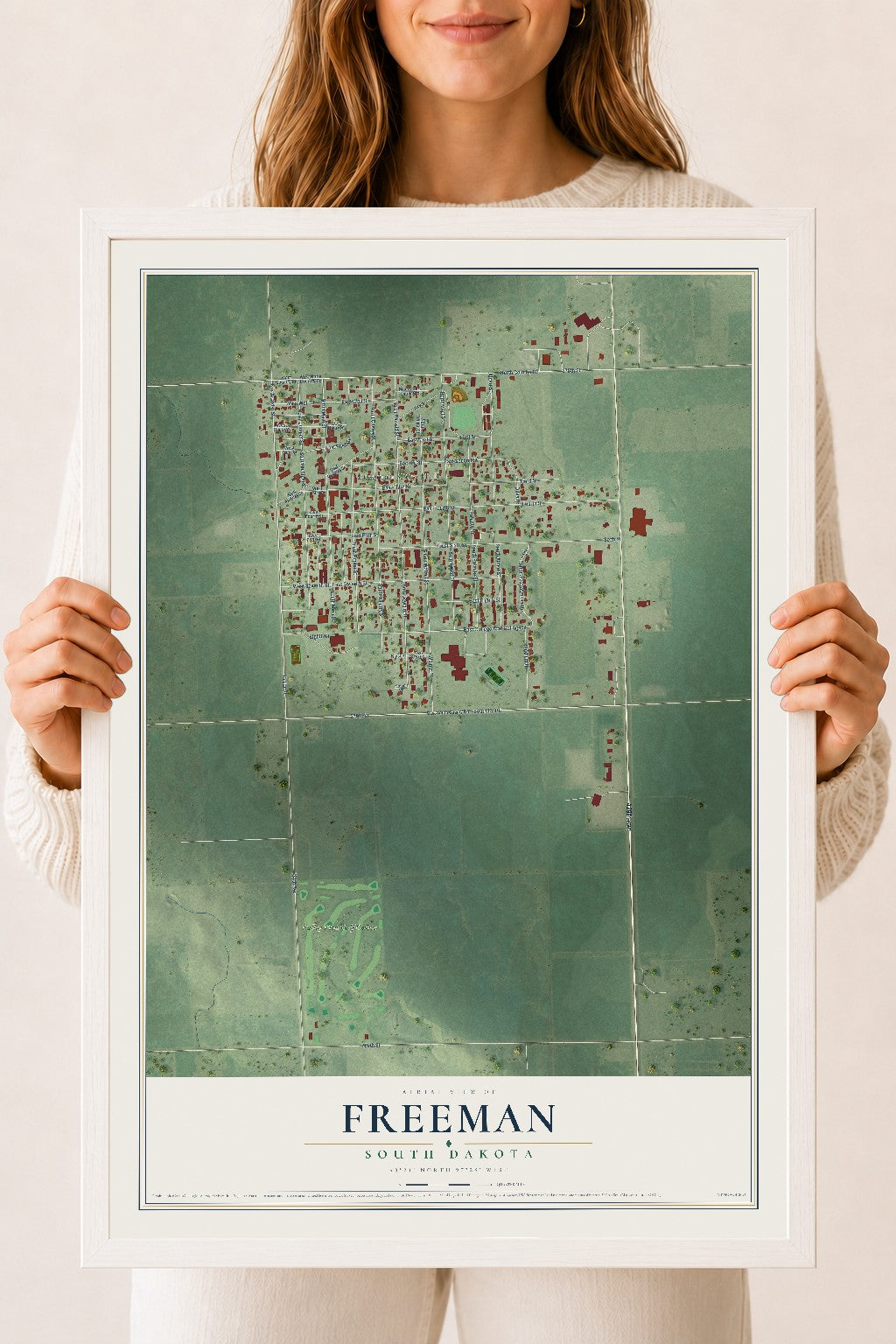 Map of Freeman, South Dakota, 18 x 24 inch print in a white wood frame