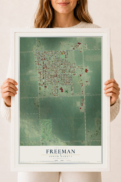 Map of Freeman, South Dakota, 18 x 24 inch print in a white wood frame