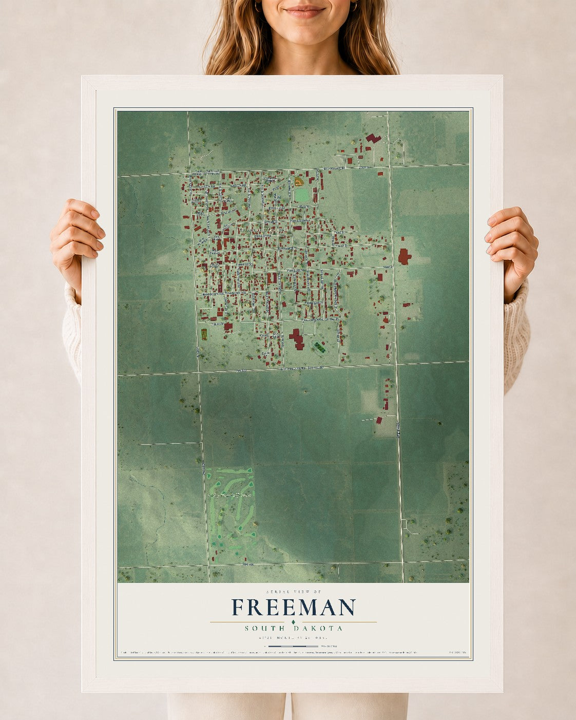 Map of Freeman, South Dakota, 24 x 36 inch print in a white wood frame