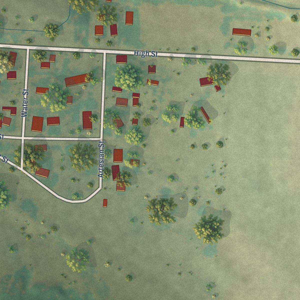 Close-up of the map of Fruitdale, South Dakota print showing street and building detail
