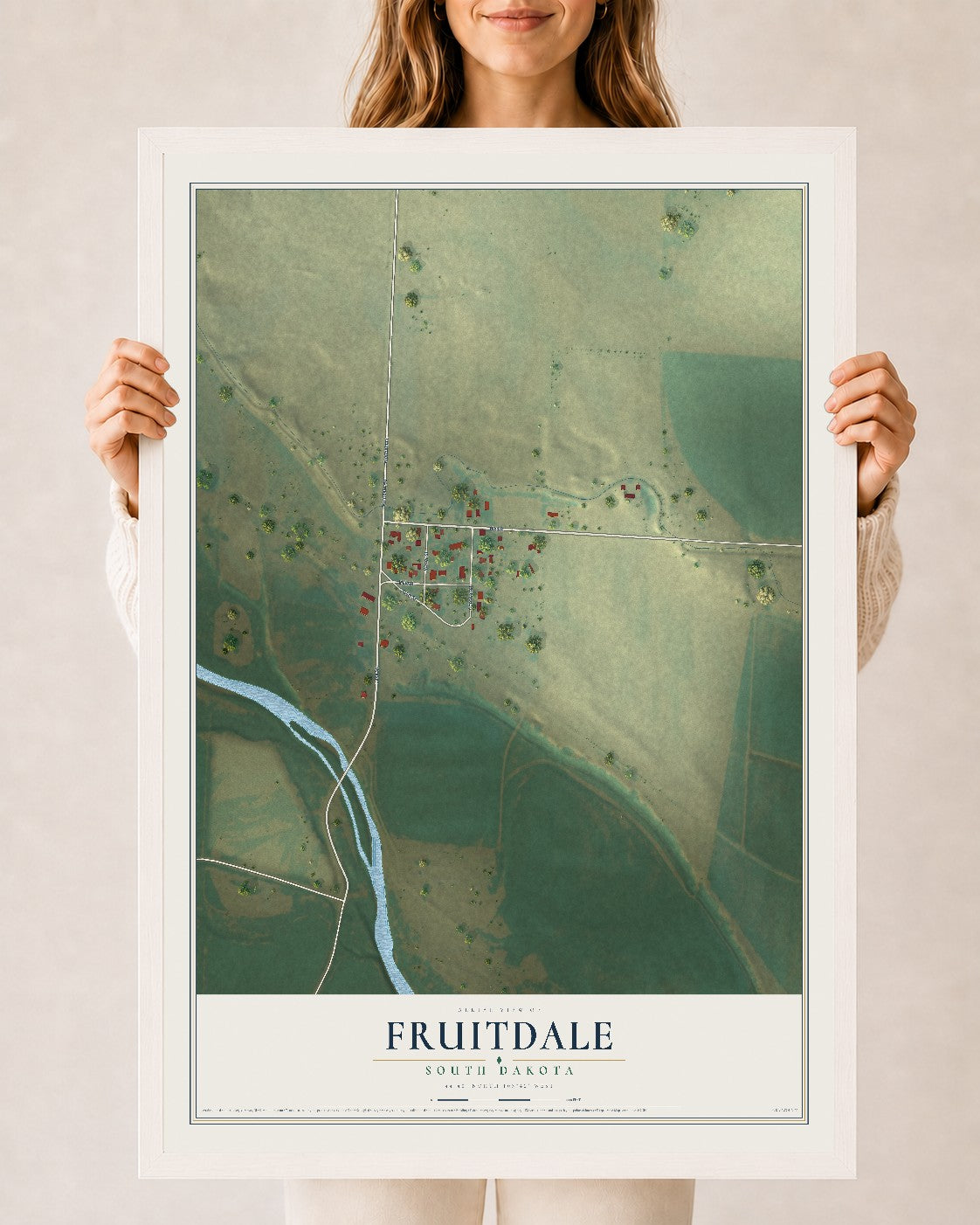 Map of Fruitdale, South Dakota, 24 x 36 inch print in a white wood frame