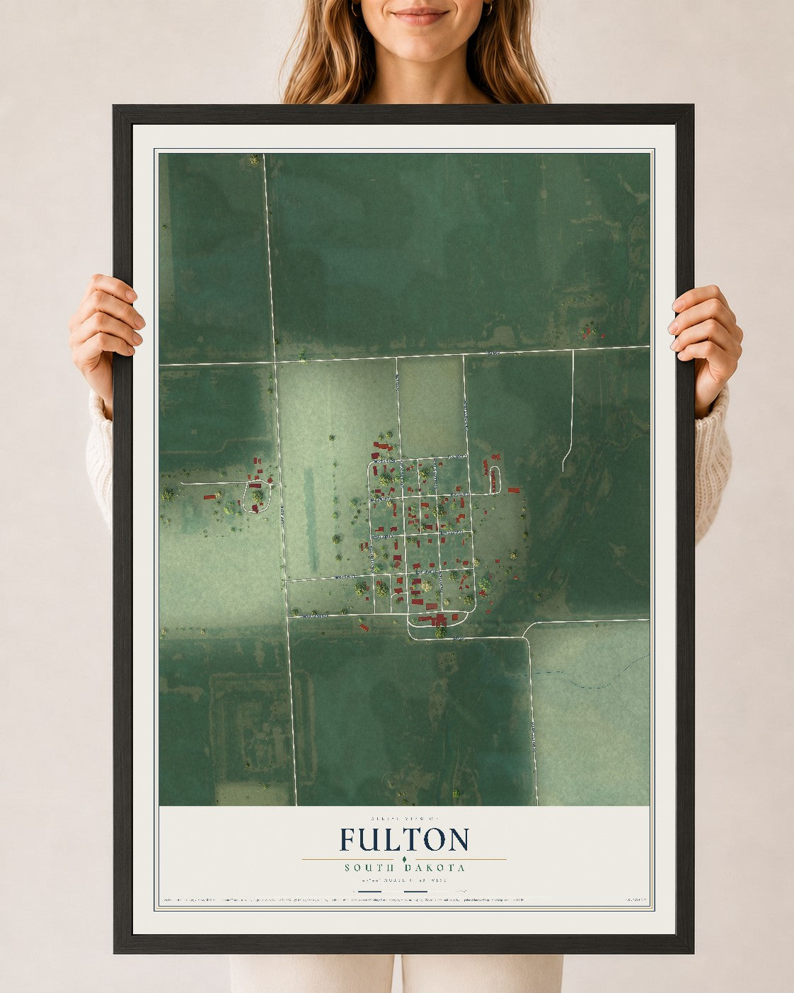 Map of Fulton, South Dakota, 24 x 36 inch print in a black wood frame