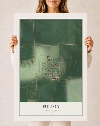 Map of Fulton, South Dakota, 24 x 36 inch print in a white wood frame