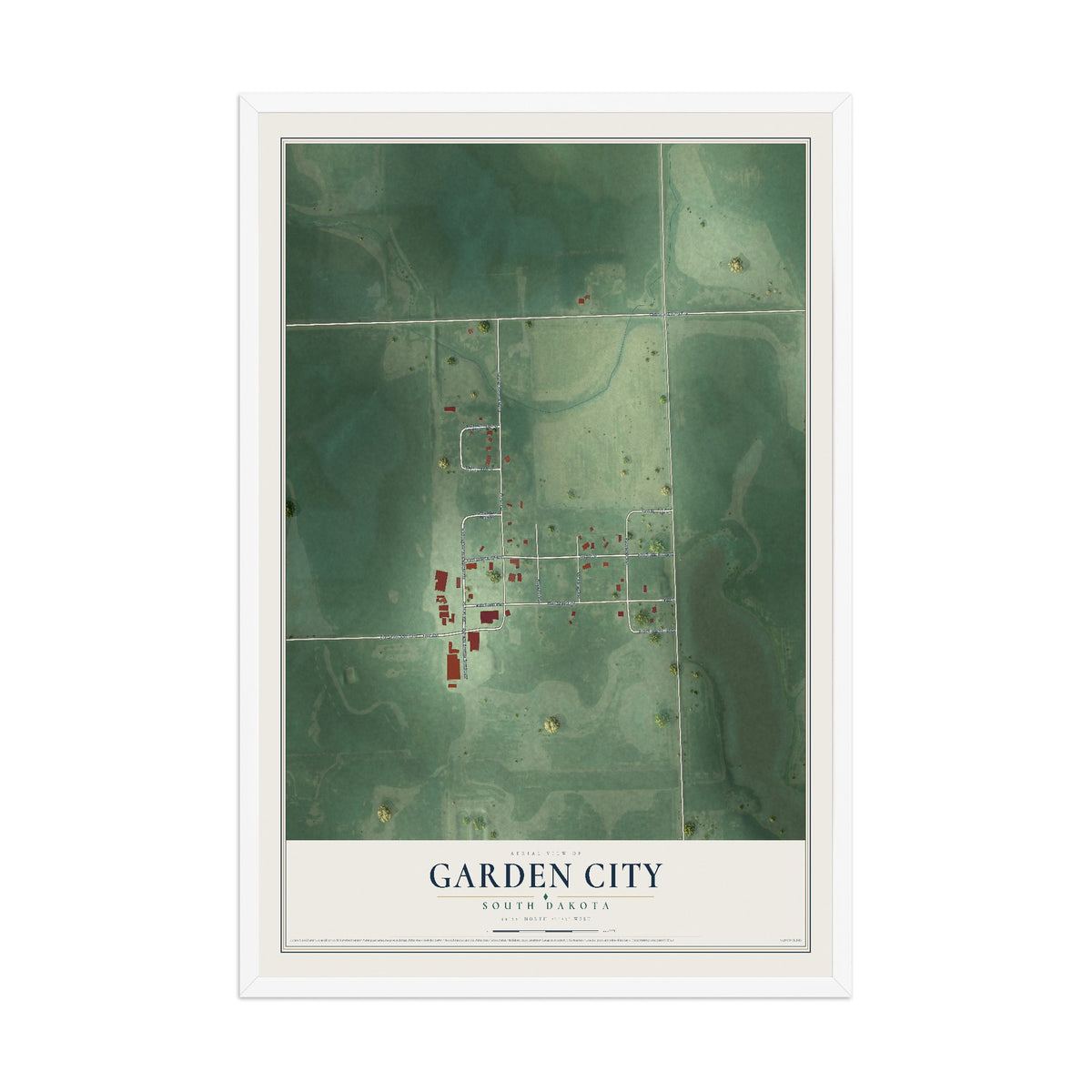 Map of Garden City, South Dakota, 12 x 18 inch print in a white wood frame