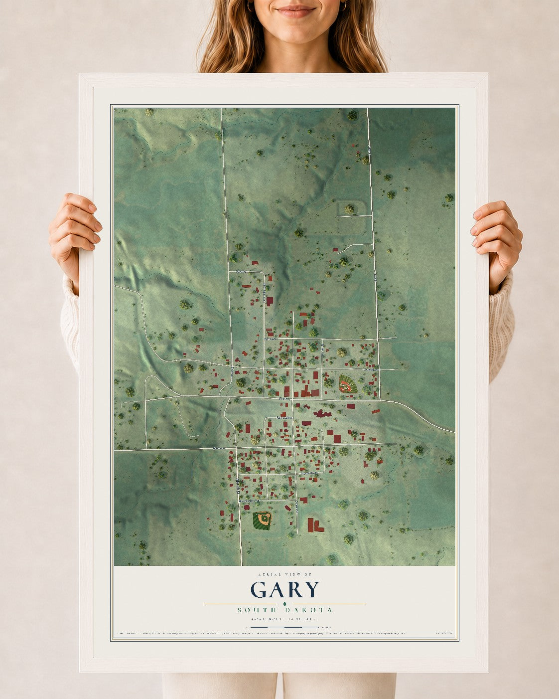 Map of Gary, South Dakota, 24 x 36 inch print in a white wood frame