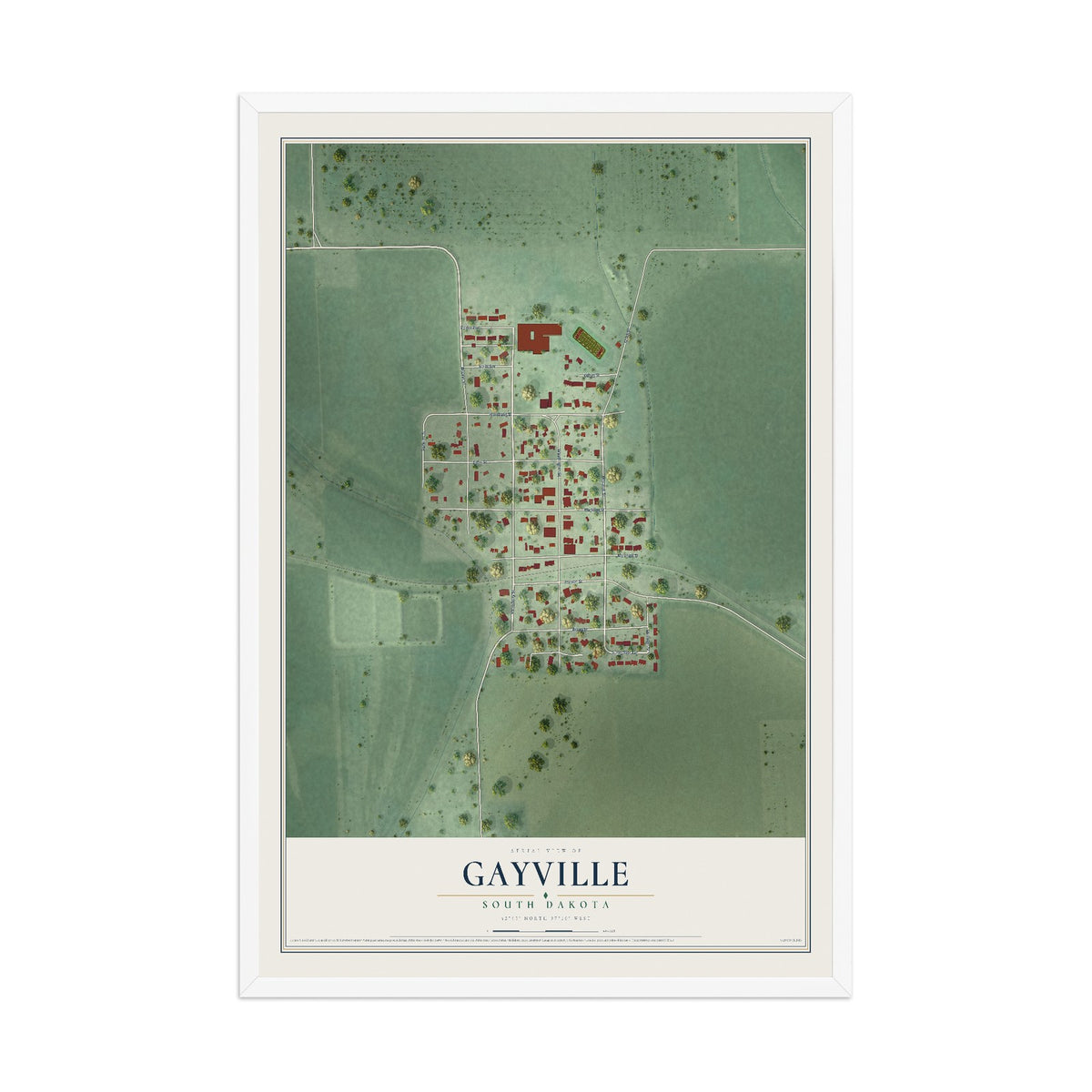 Map of Gayville, South Dakota, 12 x 18 inch print in a white wood frame