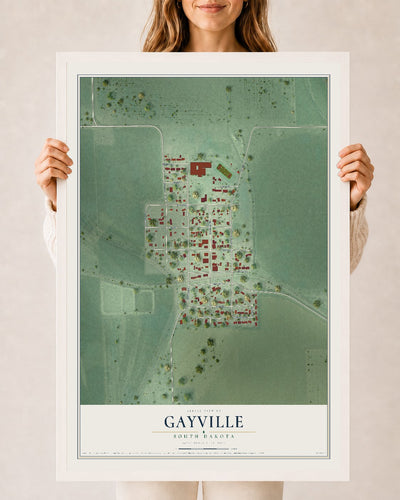 Map of Gayville, South Dakota, 24 x 36 inch print in a white wood frame