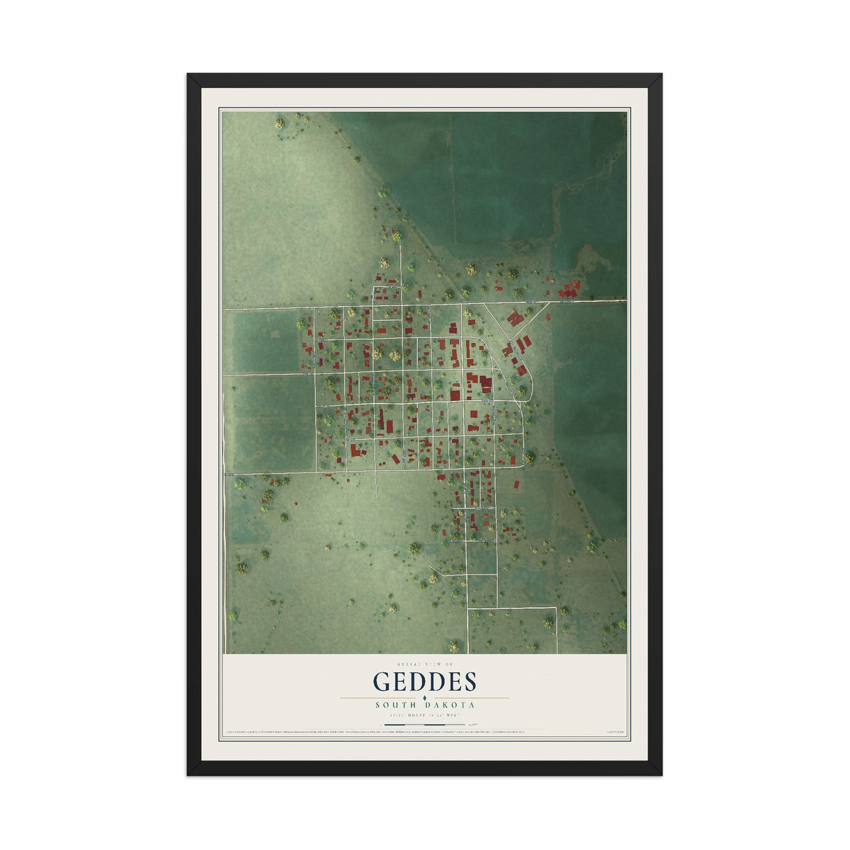 Map of Geddes, South Dakota, 12 x 18 inch print in a black wood frame