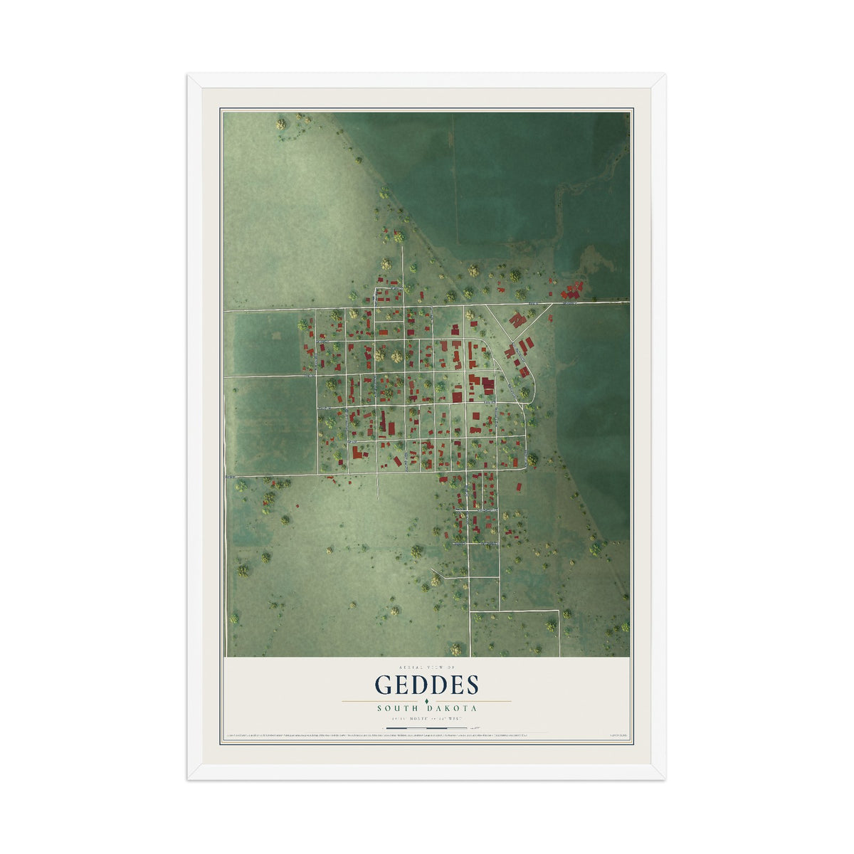 Map of Geddes, South Dakota, 12 x 18 inch print in a white wood frame