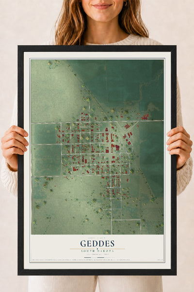 Map of Geddes, South Dakota, 18 x 24 inch print in a black wood frame