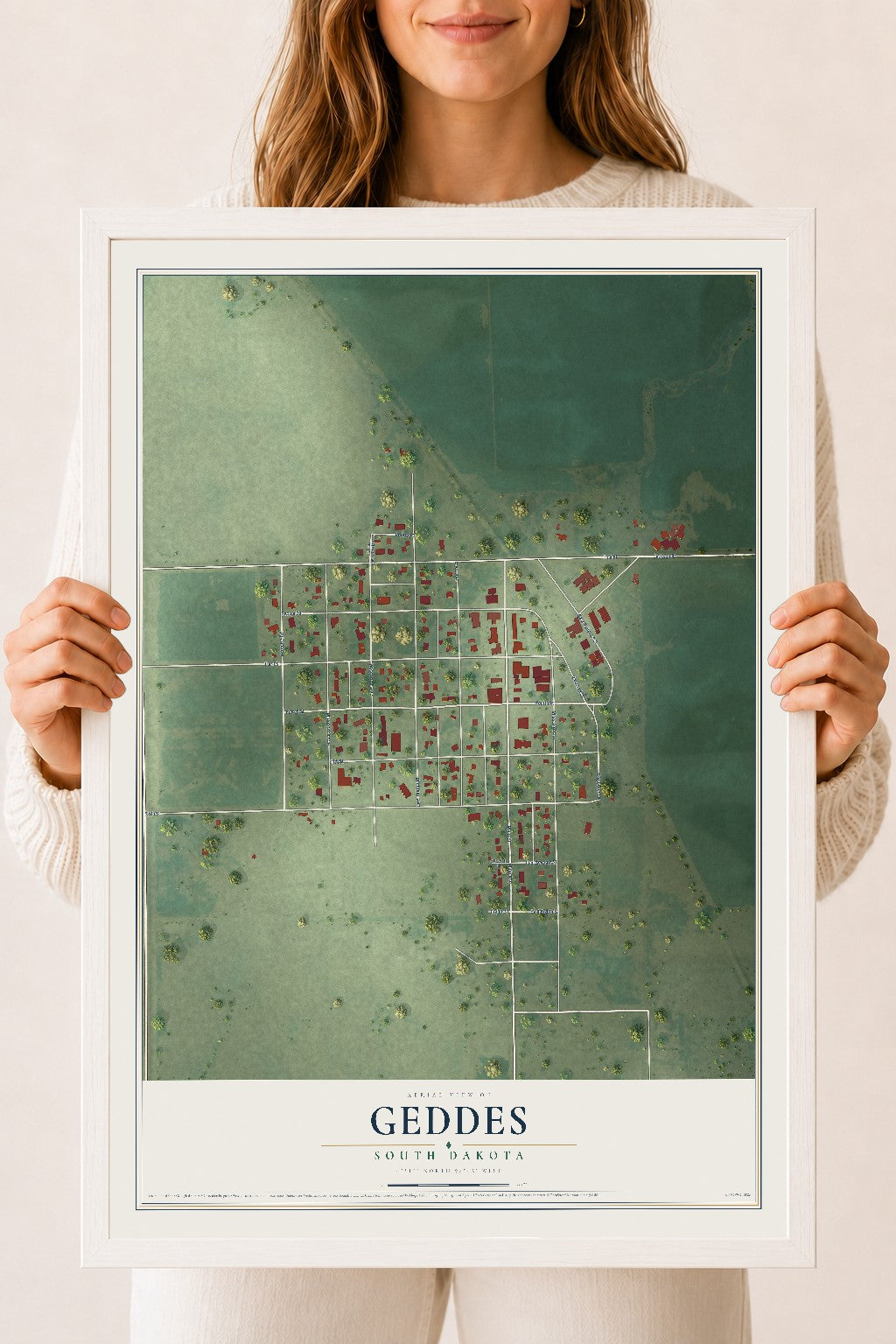 Map of Geddes, South Dakota, 18 x 24 inch print in a white wood frame