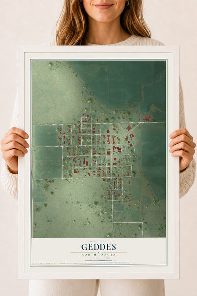 Map of Geddes, South Dakota, 18 x 24 inch print in a white wood frame
