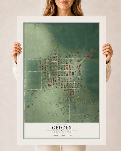 Map of Geddes, South Dakota, 24 x 36 inch print in a white wood frame