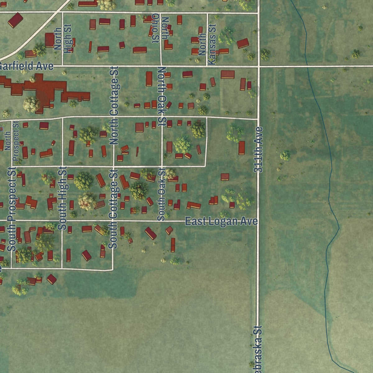 Second close-up of the map of Gettysburg, South Dakota print showing more streets and buildings