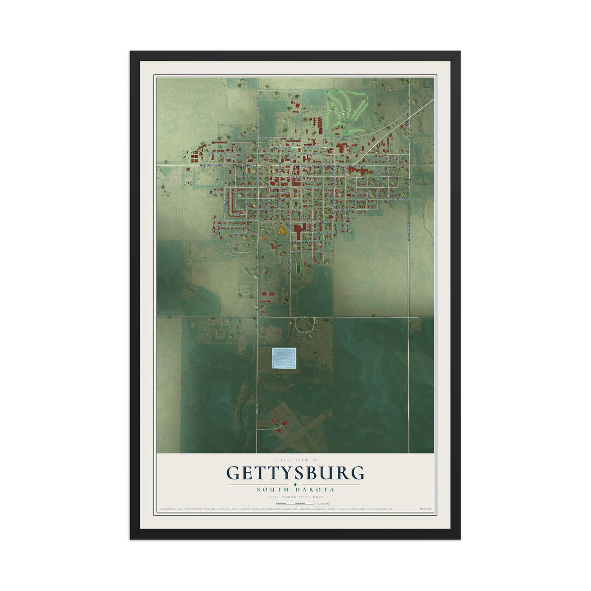 Map of Gettysburg, South Dakota, 12 x 18 inch print in a black wood frame