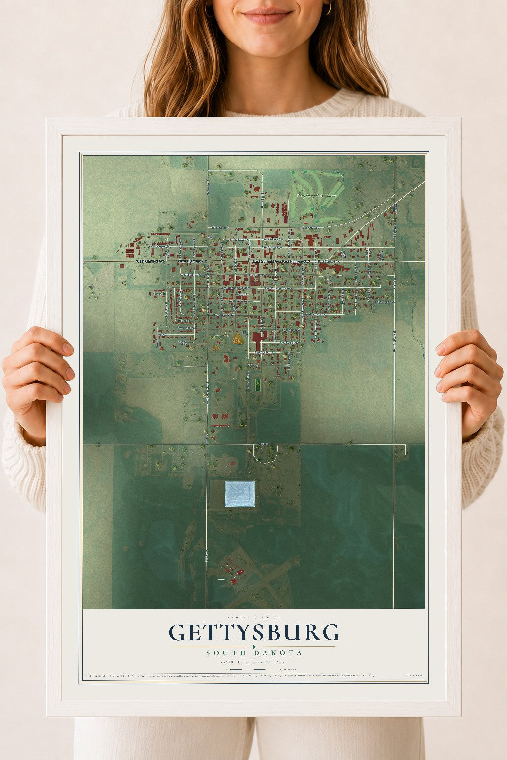 Map of Gettysburg, South Dakota, 18 x 24 inch print in a white wood frame