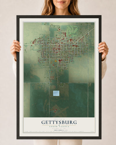 Map of Gettysburg, South Dakota, 24 x 36 inch print in a black wood frame
