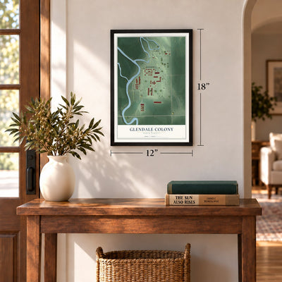 Glendale Colony, South Dakota map, 12 x 18 inch print in a black frame in an entryway