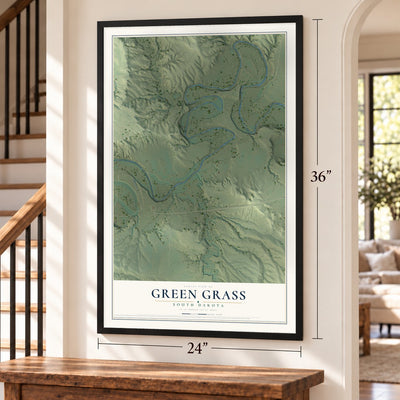 Green Grass, South Dakota map, 24 x 36 inch print in a black frame by a staircase