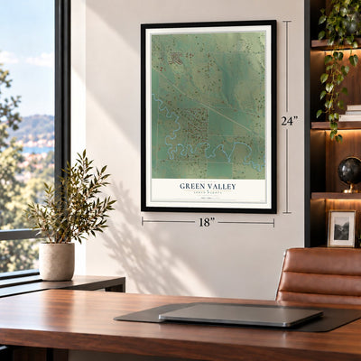 Green Valley, South Dakota map, 18 x 24 inch print in a black frame in a home office