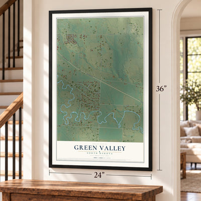 Green Valley, South Dakota map, 24 x 36 inch print in a black frame by a staircase