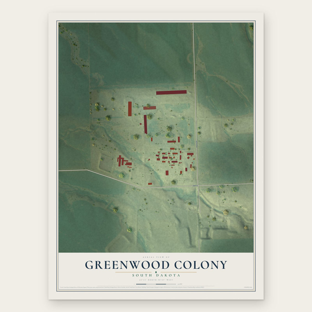 Greenwood Colony, South Dakota map print, the full design
