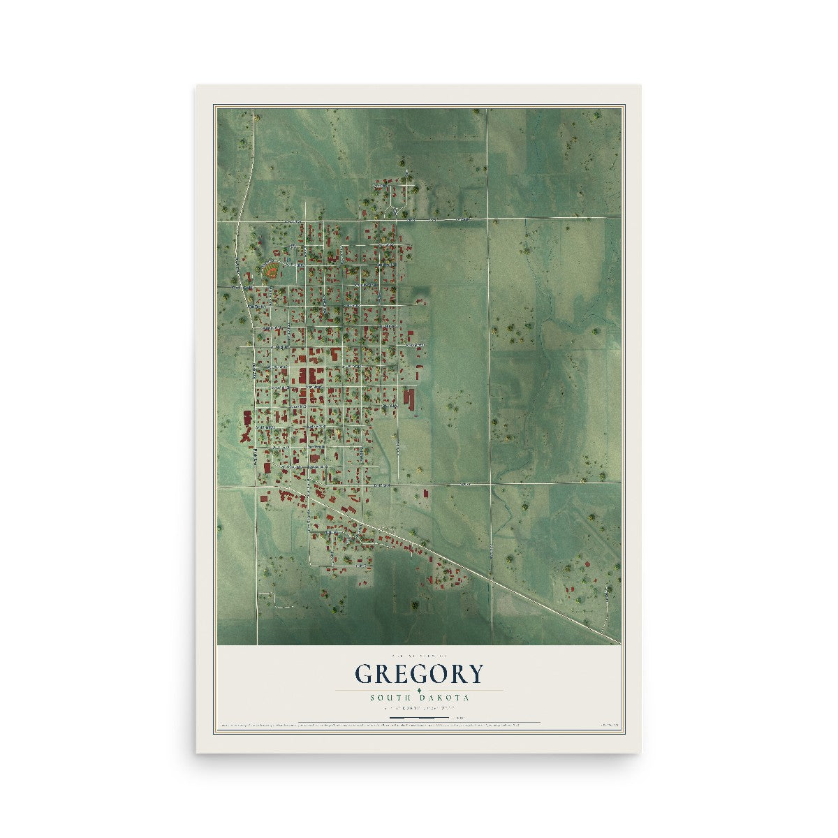 Map of Gregory, South Dakota, 12 x 18 inch unframed archival matte print