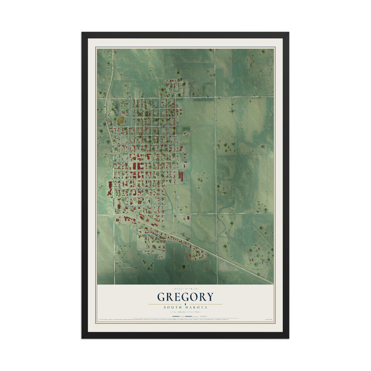 Map of Gregory, South Dakota, 12 x 18 inch print in a black wood frame