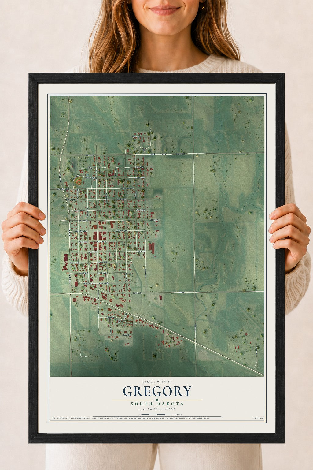 Map of Gregory, South Dakota, 18 x 24 inch print in a black wood frame