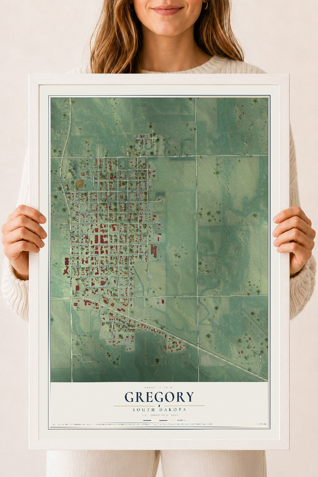 Map of Gregory, South Dakota, 18 x 24 inch print in a white wood frame