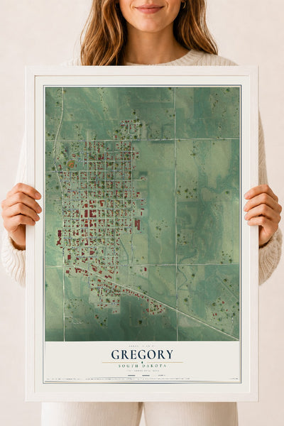 Map of Gregory, South Dakota, 18 x 24 inch print in a white wood frame