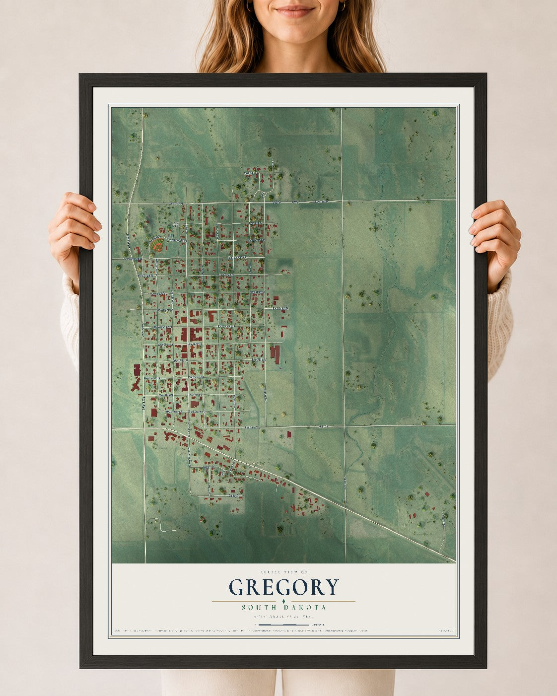 Map of Gregory, South Dakota, 24 x 36 inch print in a black wood frame